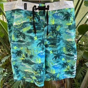Hurley board shorts, boys, Hawaiian, palm trees, Size 28, skeleton, blue green